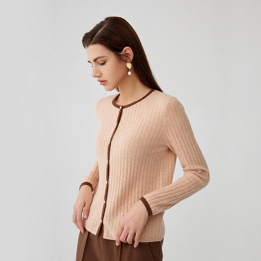 【半价款撞色羊绒开衫】羊绒世家秋冬新品100%山羊绒抽条修身针织开衫 商品图2