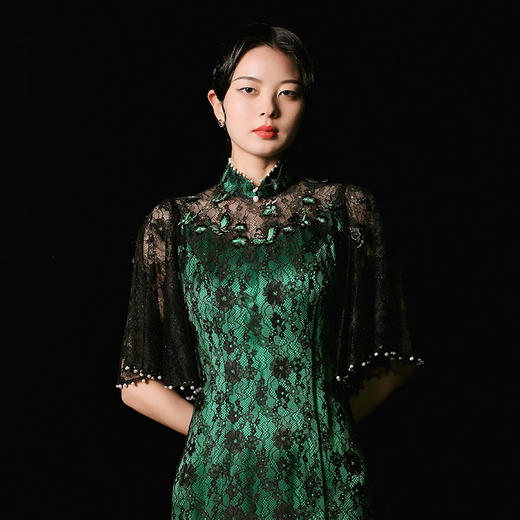 荷言HEYEN高定薄雾浓 蕾丝中式鱼尾手工旗袍高级定制时装周大秀 商品图3