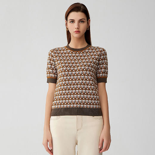 【100%羊毛提花毛衣】23年早秋新品女士短袖圆领毛衣经典菱形图案薄款上衣 商品图0