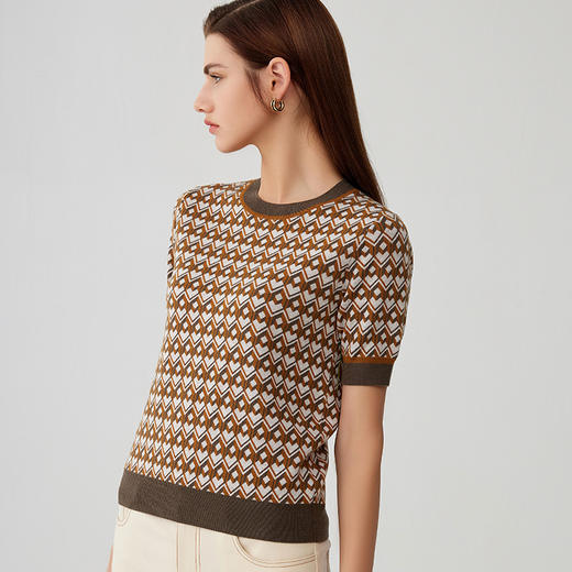 【100%羊毛提花毛衣】23年早秋新品女士短袖圆领毛衣经典菱形图案薄款上衣 商品图2