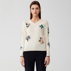 【100%羊绒提花毛衣】23年秋冬新品女士纯羊绒衫时尚V领花朵提花毛衣