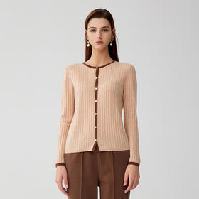 【半价款撞色羊绒开衫】羊绒世家秋冬新品100%山羊绒抽条修身针织开衫