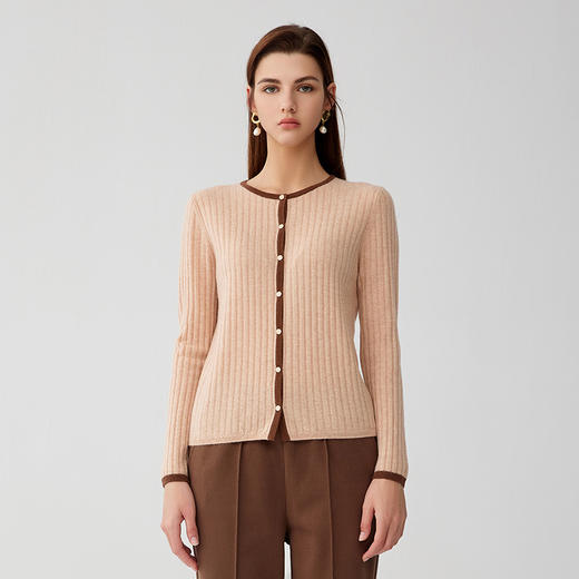 【半价款撞色羊绒开衫】羊绒世家秋冬新品100%山羊绒抽条修身针织开衫 商品图0