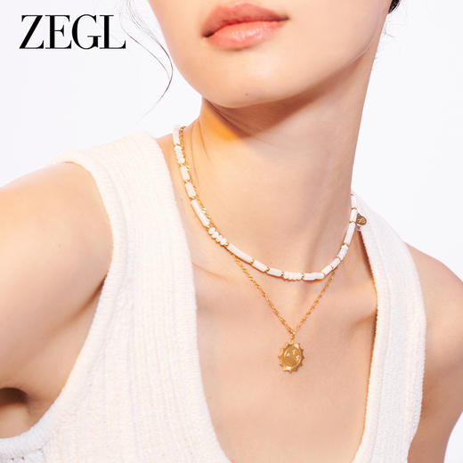 ZEGL设计师金币系列金色圆牌项链女双层叠戴贝壳锁骨链choker颈链 商品图1