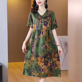 SMZ9068 2023复古花色连衣裙新款时尚妈妈装宽松遮肚显瘦V领过膝中长裙子