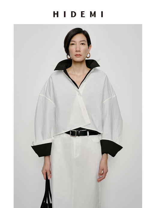 HIDEMI 特殊工艺纸感微浮雕艺术面料极简大廓形袖衬衫 都市白/黑色 商品图4