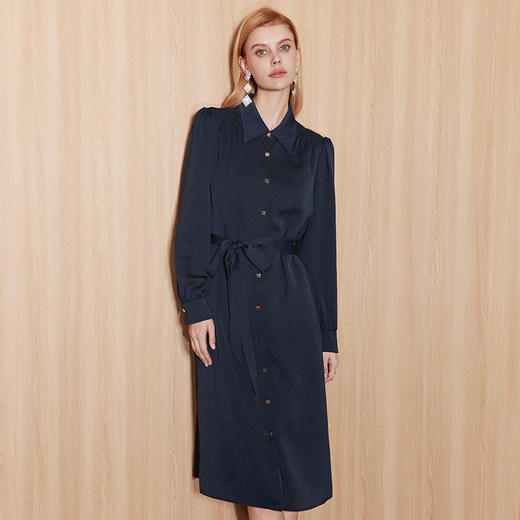 EITIE爱特爱新品秋季新款高腰修身显瘦气质优雅系带连衣裙7107808 商品图1