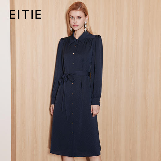 EITIE爱特爱新品秋季新款高腰修身显瘦气质优雅系带连衣裙7107808 商品图0