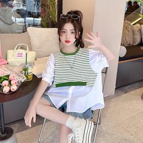 女童短袖T恤夏季2023新款童装女孩纯棉夏装女大童假两件儿童上衣