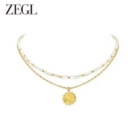 ZEGL设计师金币系列金色圆牌项链女双层叠戴贝壳锁骨链choker颈链