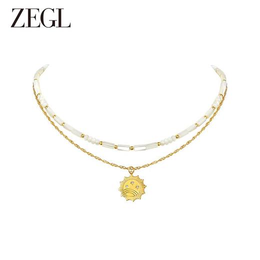 ZEGL设计师金币系列金色圆牌项链女双层叠戴贝壳锁骨链choker颈链 商品图0