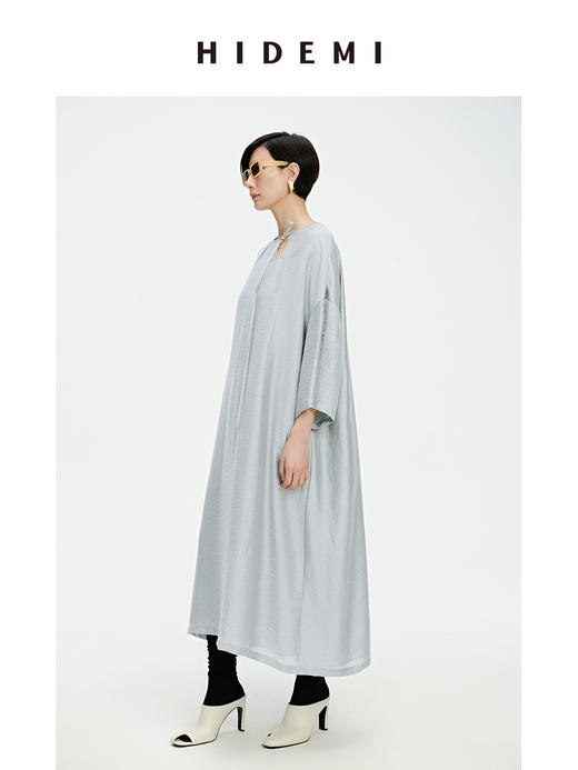 HIDEMI 镂空系带设计感廓形落肩宽松连衣裙 油画灰/沁心绿 商品图2