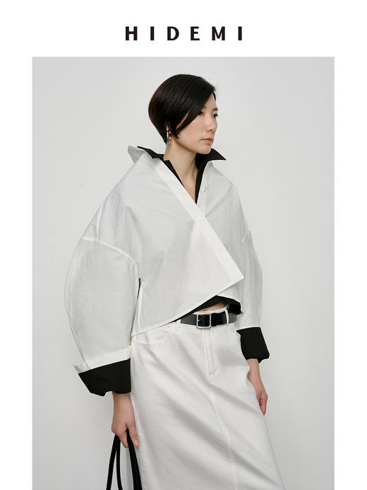 HIDEMI 特殊工艺纸感微浮雕艺术面料极简大廓形袖衬衫 都市白/黑色 商品图5