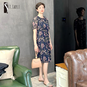 圣三利女装 新款气质优雅网眼印花中长款收腰散摆连衣裙SL2027235