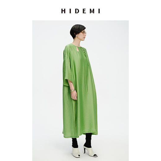 HIDEMI 镂空系带设计感廓形落肩宽松连衣裙 油画灰/沁心绿 商品图4