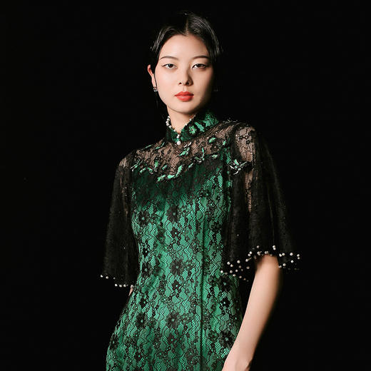 荷言HEYEN高定薄雾浓 蕾丝中式鱼尾手工旗袍高级定制时装周大秀 商品图2