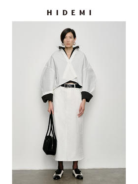 HIDEMI 特殊工艺纸感微浮雕艺术面料极简大廓形袖衬衫 都市白/黑色