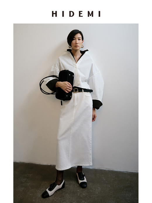 HIDEMI 特殊工艺纸感微浮雕艺术面料极简大廓形袖衬衫 都市白/黑色 商品图2