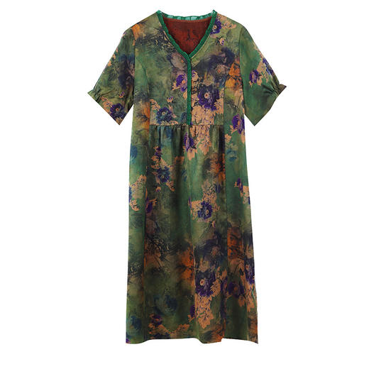 SMZ9068 2023复古花色连衣裙新款时尚妈妈装宽松遮肚显瘦V领过膝中长裙子 商品图4