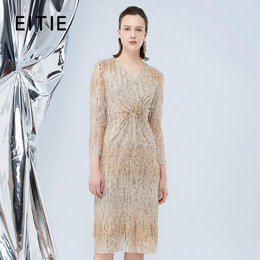 EITIE爱特爱秋季新款优雅刺绣亮片礼服连衣裙7577206 商品图1
