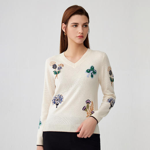 【100%羊绒提花毛衣】23年秋冬新品女士纯羊绒衫时尚V领花朵提花毛衣 商品图2