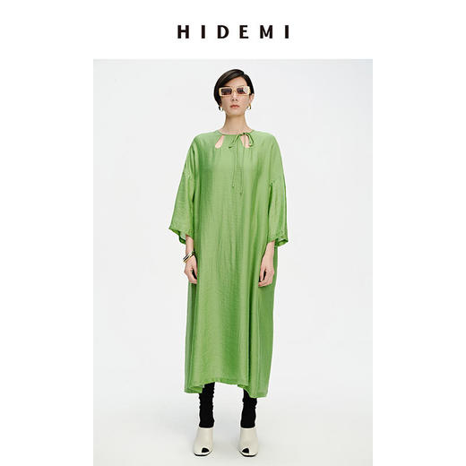 HIDEMI 镂空系带设计感廓形落肩宽松连衣裙 油画灰/沁心绿 商品图3