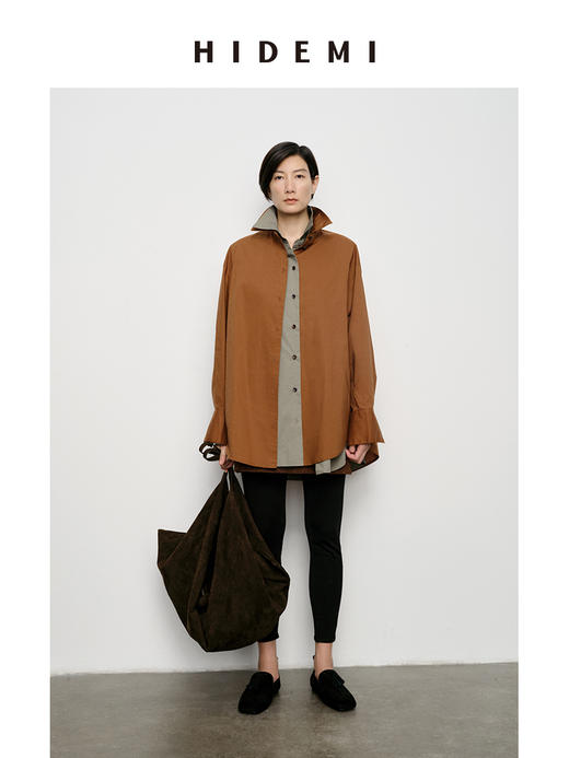 HIDEMI 经典极简廓形款水洗棉衬衫 砖红色/黑色/海鸥灰绿/浅豆绿 商品图0