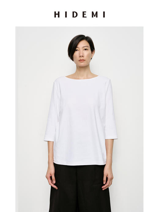 HIDEMI 经典简约一字领弧形领七分袖水洗棉T恤上衣 黑色/灰色/白色 商品图2