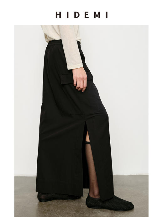 HIDEMI 极简抽绳设计感口袋H型开衩斜纹缎面半身裙 商品图5