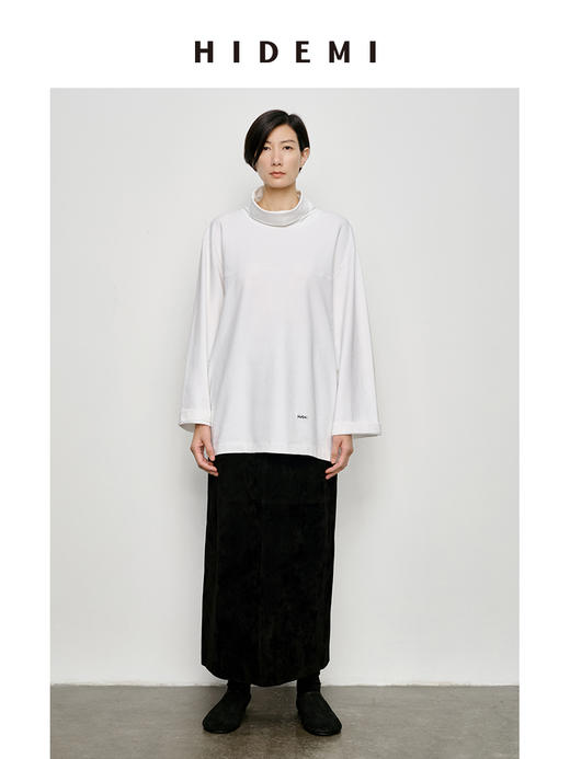 HIDEMI 极简廓形堆堆领立领logo刺绣款精梳棉长袖上衣 军绿色/锡器灰/白色 商品图7