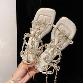 JM水钻细跟仙女凉鞋2023高跟新款夏天网红时尚一字扣蝴蝶结凉鞋女