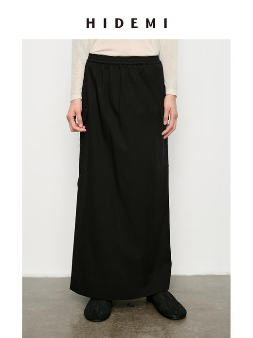 HIDEMI 极简抽绳设计感口袋H型开衩斜纹缎面半身裙 商品图2