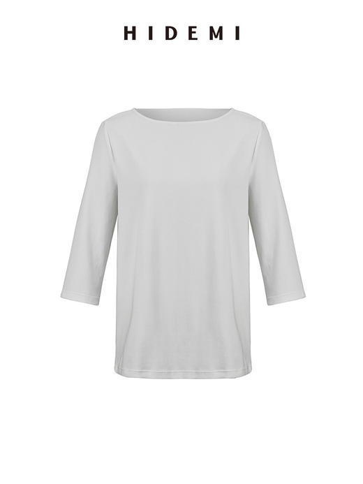HIDEMI 经典简约一字领弧形领七分袖水洗棉T恤上衣 黑色/灰色/白色 商品图13