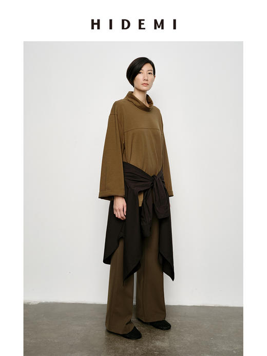 HIDEMI 极简廓形堆堆领立领logo刺绣款精梳棉长袖上衣 军绿色/锡器灰/白色 商品图6