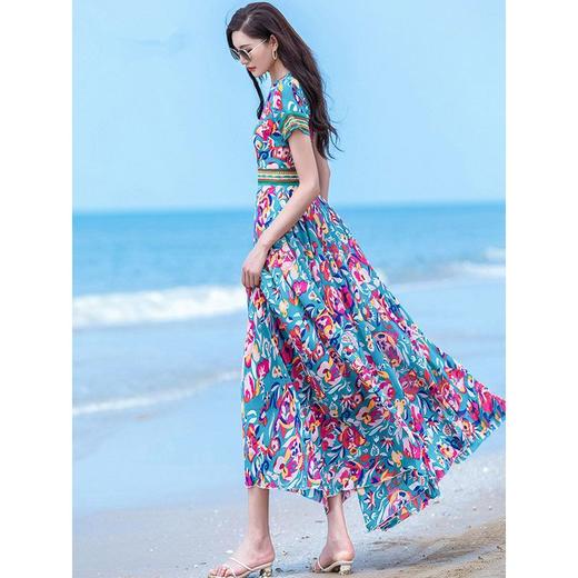 DD-印花雪纺连衣裙女2023新款夏季气质修身显瘦短袖到脚踝大摆长裙子 商品图2