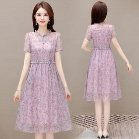 DD-碎花连衣裙女2023年夏季新款洋气中长裙短袖口袋打底裙A字裙