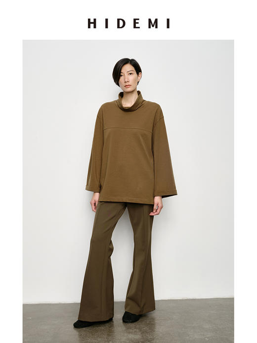 HIDEMI 极简廓形堆堆领立领logo刺绣款精梳棉长袖上衣 军绿色/锡器灰/白色 商品图0