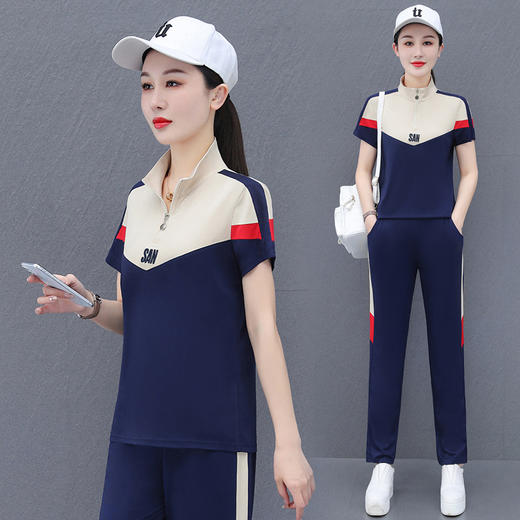 2023新款薄款休闲短袖时尚洋气冰丝运动套装QB-TL2360 商品图0