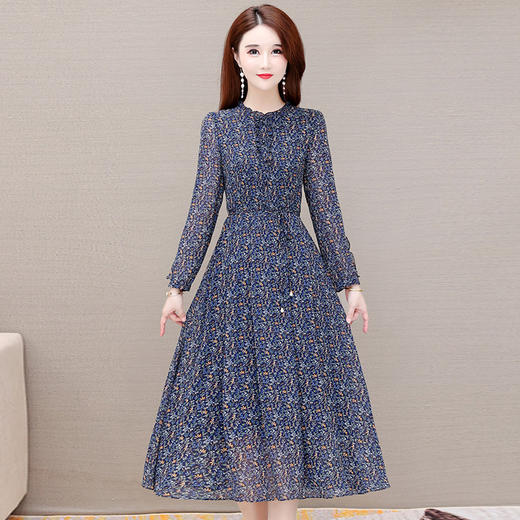 时尚气质长款高腰A字裙，蓝色碎花连衣裙QYM-KED-19808 -Y 商品图0