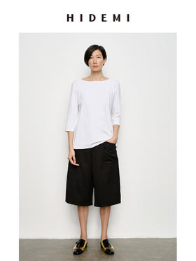 HIDEMI 经典简约一字领弧形领七分袖水洗棉T恤上衣 黑色/灰色/白色