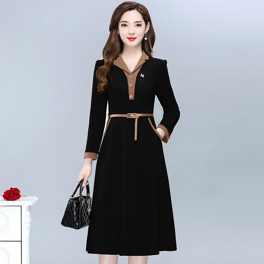 HG-23A06JLY-L春款长款简约拼接修身时尚A字裙长袖气质通勤内搭连衣裙 商品图1