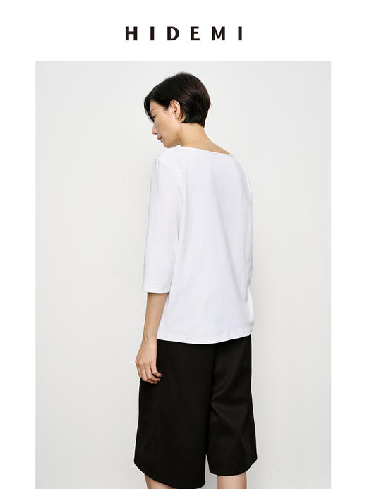 HIDEMI 经典简约一字领弧形领七分袖水洗棉T恤上衣 黑色/灰色/白色 商品图3