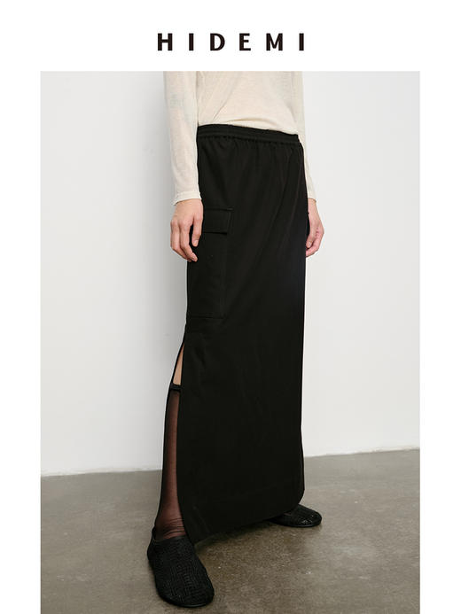 HIDEMI 极简抽绳设计感口袋H型开衩斜纹缎面半身裙 商品图6