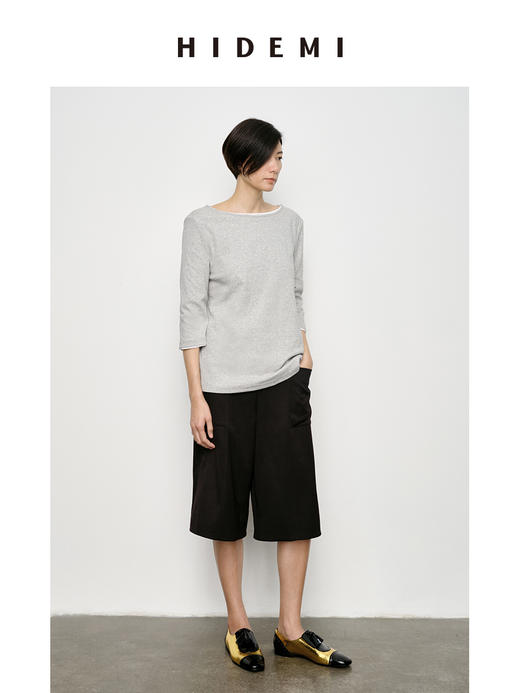 HIDEMI 经典简约一字领弧形领七分袖水洗棉T恤上衣 黑色/灰色/白色 商品图9