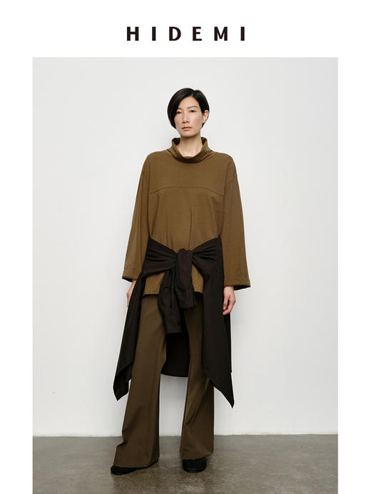 HIDEMI 极简廓形堆堆领立领logo刺绣款精梳棉长袖上衣 军绿色/锡器灰/白色 商品图5