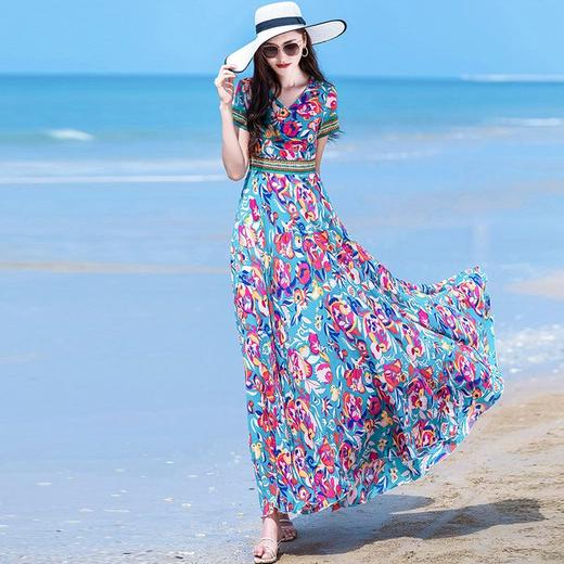 DD-印花雪纺连衣裙女2023新款夏季气质修身显瘦短袖到脚踝大摆长裙子 商品图0