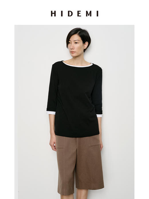 HIDEMI 经典简约一字领弧形领七分袖水洗棉T恤上衣 黑色/灰色/白色 商品图11