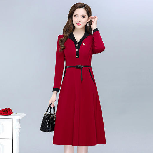 HG-23A06JLY-L春款长款简约拼接修身时尚A字裙长袖气质通勤内搭连衣裙 商品图0