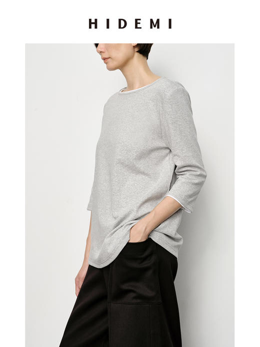 HIDEMI 经典简约一字领弧形领七分袖水洗棉T恤上衣 黑色/灰色/白色 商品图5