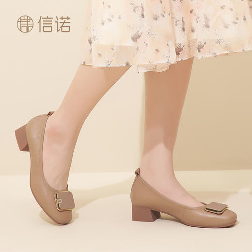 信诺真皮舒适高跟鞋女配裙子2023新款秋季中跟软皮不累脚妈妈皮鞋23Q1931-29 商品图7